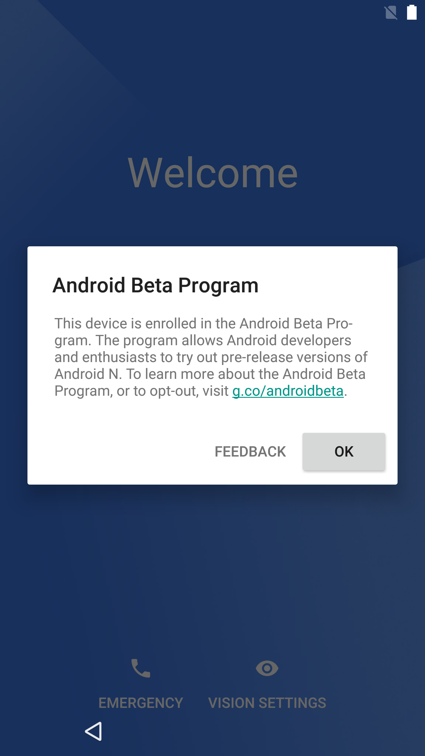 Android N initial setup screen